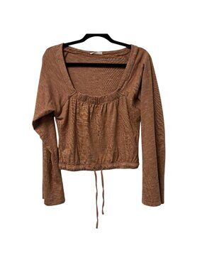 KNOWN SUPPLY BLOUSE SQUARE NECK FRONT TIE SIZE M BELL SLEEVES TAUPE CINNAMON